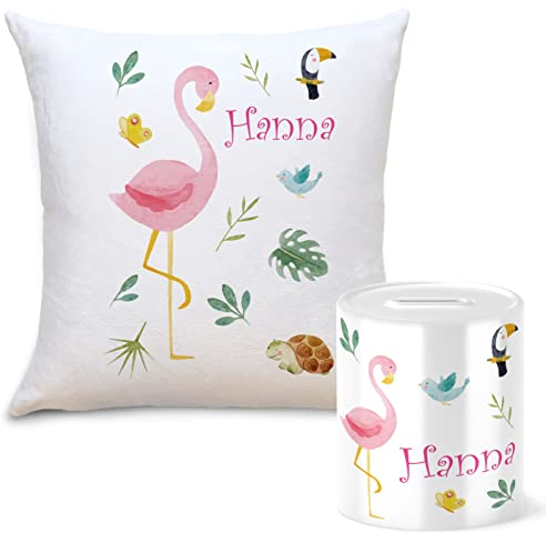 OWLBOOK Safari Flamingo Geschenkset Kinder Spardose und Kissen Personalisiert mit Namen Geschenke Geschenkideen für Kinder Baby Junge Mädchen zum GeburtstagWeihnachten Einschulung Taufe Geburt