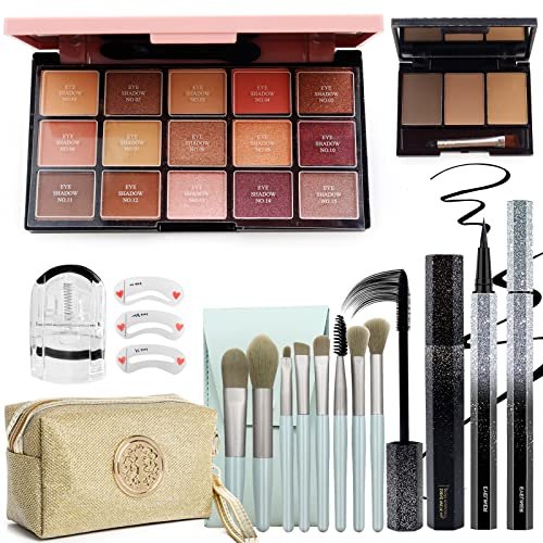Set di trucco tutto in uno, 15 colori ombretto, eyeliner impermeabile, mascara in fibra, 3 colori per sopracciglia, set regalo per trucco con paillettes, set regalo per trucco
