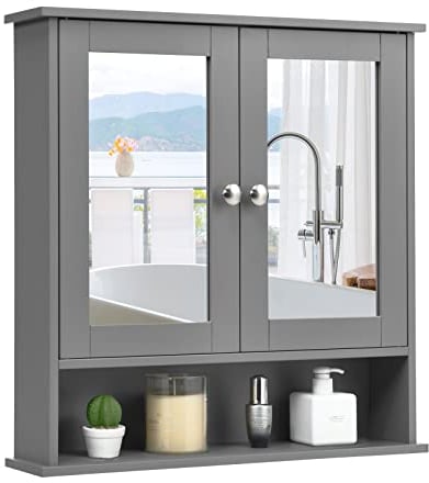 COSTWAY Bathroom Mirror Cabinet, Double Door Wall Mounted Storage Cupboard with Adjustable Shelf and Compartment, Home Kitchen Living Room Display Organiser Unit (Gray)