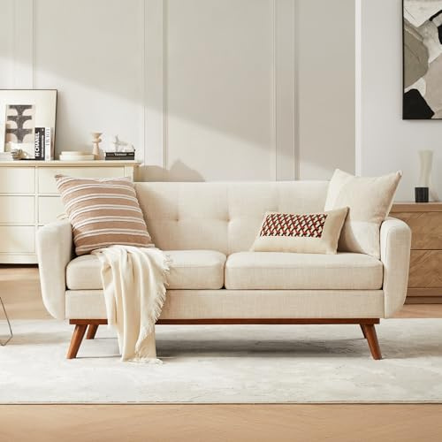 Kingfun 65.2 W Loveseat Sofa, Mid Century Modern Decor Love Seat Couches for Living Room, Button Tufted Upholstered Furniture, Easy to Install Small Couch for Bedroom Office Apartment, Cream White