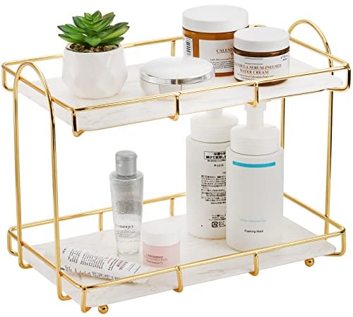Hacaroa Bathroom Countertop Organizer with Marbling Tray, 2 Tier Makeup Organizer Wire Vanity Tray, Cosmetic Storage Shelf Counter Standing Rack, Dresser, Perfume, Gold,12.4inchL x 6.8inchW x 9inchH