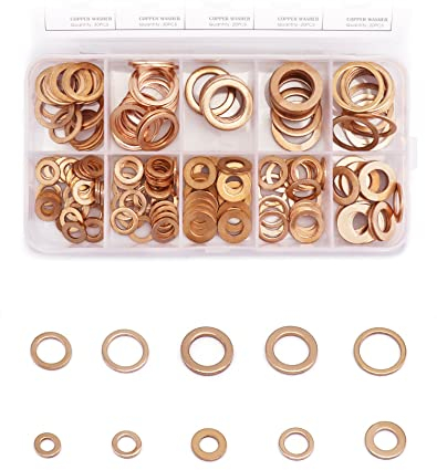 QWORK® Ensemble de Rondelle Cuivre Plates M5-M14, 200 Pièces Joint Cuivre Joints Vidange Utilisé avec Boîte de Rangement, 9 Tailles (M5 M6 M8 M10 M12 M14 M16 M20)