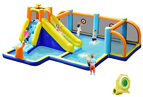 DREAMADE 7 in 1 Aufblasbare Hüpfburg mit Gebläse, Wasserpark mit Rutsche, Kletterwand, Fußballplatz & Sprungbereich, Sprungburg für Kinder von 3 bis 10 Jahren