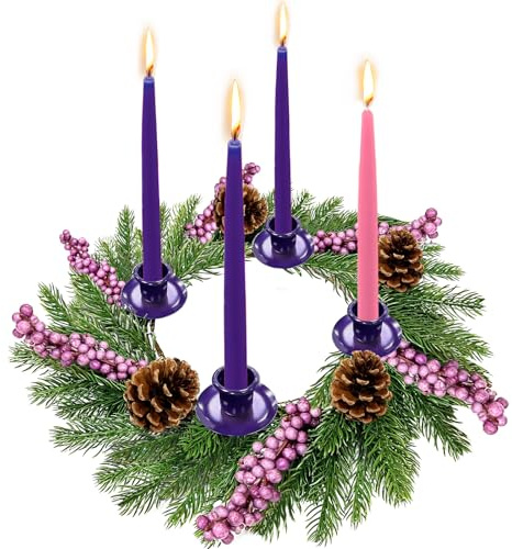 [ Safety Fire Retardant ] Christmas Advent Wreath, Purple Christmas Wreaths with 4 Candle Holder 4 Pinecones 6 Berry Christmas Centerpieces Decorations for Advent Church Table Holiday Home(No Candles)