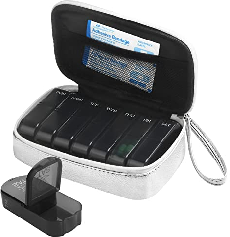 Tablettenbox 7 Tage Pillendose Morgens Abends Tragbare PU Leder Pillentasche mit Reißverschluss Medikamentenbox Wochenbox für Medikamente Kapsel Vitamine Fischöl (Silber)