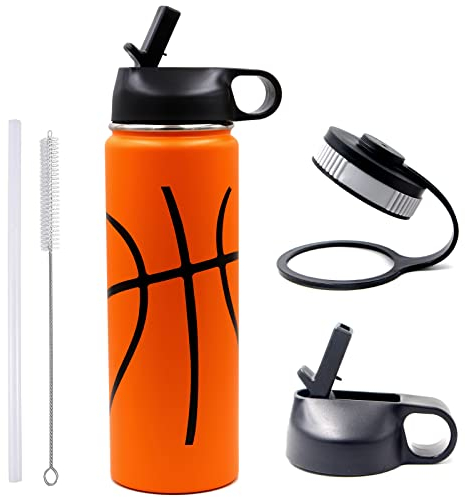 22 oz Basketball Water Bottle, Sports Cup Flask Metal Travel Mug with 2 Lids, Stainless Steel Double Wall Vacuum Insulated Leak Proof Water bottles, Basketball Accessories Stuff Gifts for Boys Girls