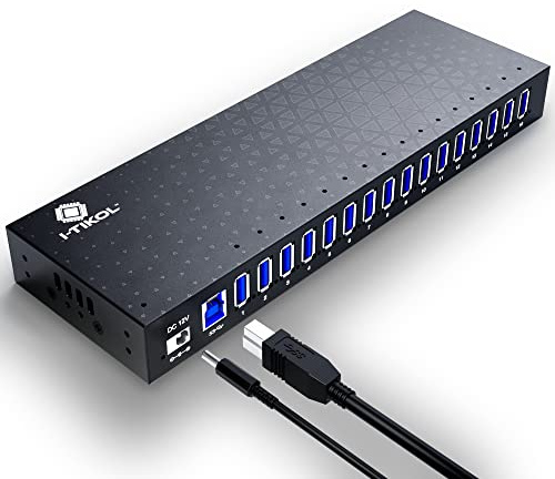 USB 3 0 Hub - 16 Ports Powered USB Hub - Desktop USB Expander Hub - up to 5Gbps High-Speed USB Splitter for Multiple Devices - Aluminum Alloy Multiple USB Hub w/AC Adapter for Laptop Phone Tablet PC