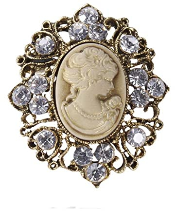 Brosche Schmuck Kamee Büste Damen Beige Strass Kristall Stahl Bronze Vintage, 5 x 4 cm, Edelstahl