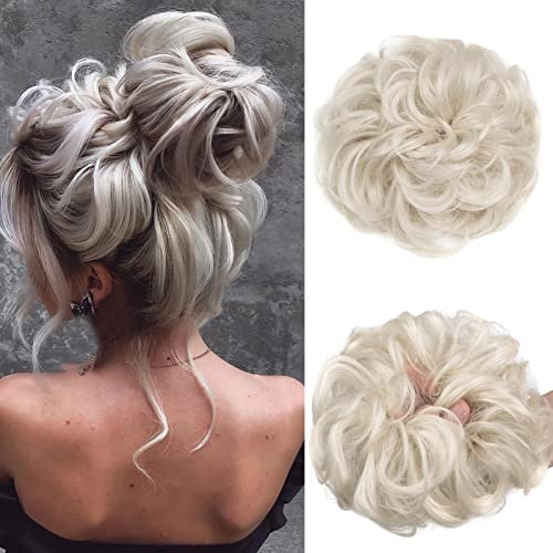 Gairyan Haarteil Mit Gummiband Dutt Haarteil Gelockt Haargummi Mit Haaren Haarverlängerung Synthetisch Pferdeschwanz Haarteile Messy Bun Haardutt Hochsteckfrisuren für Damen Mädchen, Platinblond