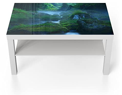 DEQORI Glastisch | weiß groß 90x50 cm | Motiv Wasserquelle im Wald | ausgefallener Beistelltisch aus Glas | Hochglanz Couchtisch fürs Wohnzimmer | moderner Couch Tisch mit Design