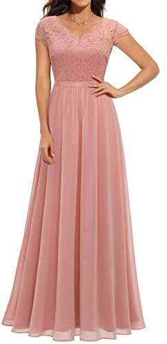 ECDAHICC Robe Longue Élégante en Dentelle à Volants - Col en V - Manches Courtes - Taille Haute - Demoiselle d'Honneur - Soirée, Rose 2., M