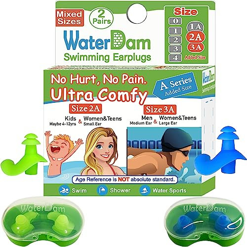 WaterDam Bouchons d'oreilles de natation ultra confortables et étanches Série A (taille 2A + 3A : oreilles moyennes à grandes femmes, adolescents et hommes de petite à moyenne taille (vert bleu)