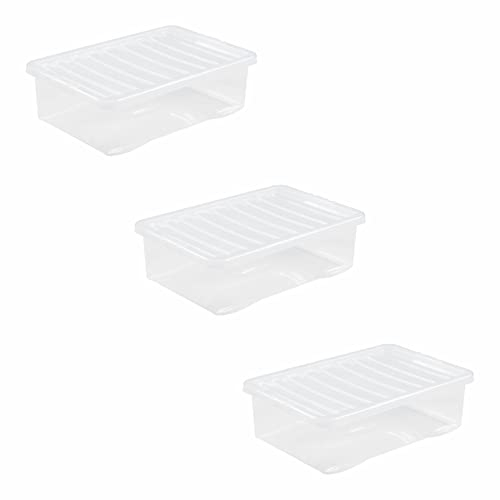 M1SS (Set of 3-32L Litre Clear Plastic Storage Box With Crystal Lids Home Office Stackable Nestable Container Made in U.K
