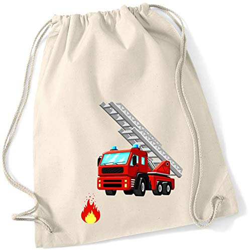 minimutz Zuzieh Turnbeutel für Kinder | Motiv Feuerwehr mit Leiter & Flamme | Schuhbeutel Sportbeutel zum Zuziehen für Jungen | Stoffbeutel mit Kordel (natur)
