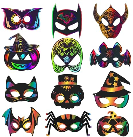 Wishstar 24 Stück Halloween Kratzbild, Kratzbilder Masken,Kratzbilder Kinder,Halloween Masken Bastelset DIY mit Elastischen Kordeln und Holzgriffel,Halloween Dekoration DIY Handwerk