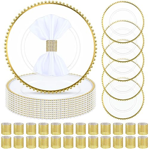Uiifan 50 Set (100 Pcs) Clear Gold Charger Plates and Napkin Rings Set Including 13 Inch Plastic Beaded Rim Charger Plates Napkin Rings for Wedding Party Dinner Table Events Decoration