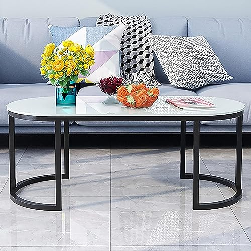CATANK Table Basse Ovale, Table d'appoint en Verre trempé, Table d'appoint Moderne pour canapé, Cadre en métal Robuste, Assemblage Facile, pour Salon, Balcon, Bureau (Couleur : Blanc B, t