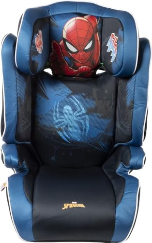 Marvel Spiderman Autositz mit ISOFIX-Befestigung für die Sicherheit von Kindern mit einer Höhe von 100 bis 150 cm mit Grafiken des Superhelden Spiderman auf blauem Grund