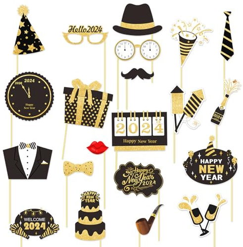 2024 New Year's Eve Photo Booth Props, Happy New Year Selfie Prop Party Decoration Supplies for Kids Adults (21 PCS)