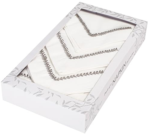Graceful Moments Kollektion: Set mit 4 viereckigen bestickten Hohlsaum, 45,7 x 45,7 cm, weiß/grau Baumwollservietten – Premium-Tischwäsche für elegante Abendessen, Hochzeiten und Veranstaltungen –