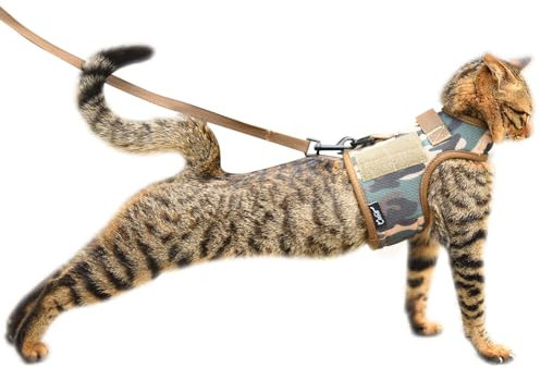 Taktisches Katzengeschirr und Leine zum Spazierengehen, ausbruchsicher, atmungsaktives Netzgewebe, Dschungel-Camo, Größe M, verstellbare Katzen-Wanderjacken, gepolsterte, stilvolle Katzenweste