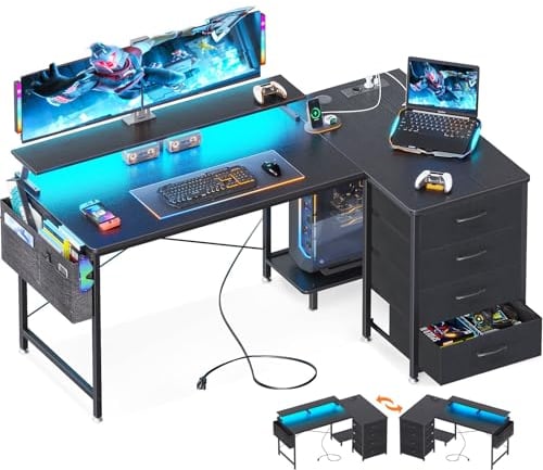 ODK Bureau d'angle LED, Bureau en L avec 4 Tiroirs Réversible Table Informatique avec 2 Prise de Charge USB et 2 Prise de Courant pour Domicile (Noir, 140x80x84.7cm)