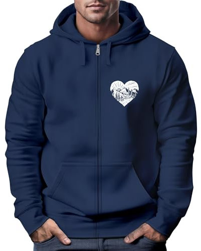 Neverless® Herren Sweatjacke Wandern Herz Print Aufdruck Motiv Zipjacke mit Kapuze Männer Outdoor Fashion Navy 3XL