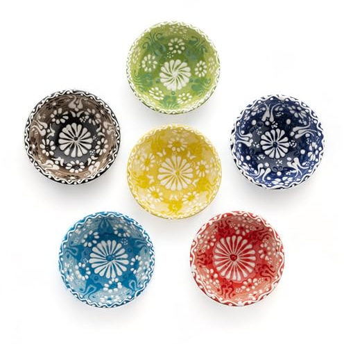 Elyese Cuencos pequeños de cerámica, juego de 6 cuencos para salsa de soja de 3.5 onzas, cuencos hechos a mano, cuencos coloridos, cuencos de salsa aptos para lavavajillas y microondas, mini cuencos