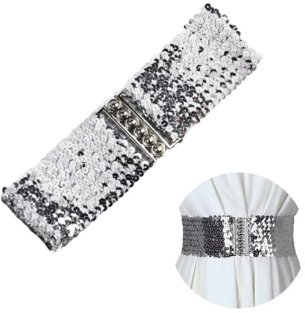 SamHeng Women Wide Sequin Belt Glitter Elastic Stretchy Waistband Cinch Belt Metal Buckle for 80s Costume Party Disco Party, Silver