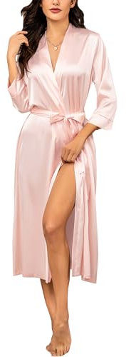 Ekouaer Peignoir Robes En Soie Pour Femmes Longues Peignoir Demoiselles D'honneur Fête De Mariage Robes En Satin Vêtements De Nuit Avec Poches, Couleur rose, M