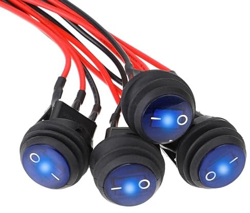 4 unidades 12 V interruptor impermeable redondo interruptor basculante 12 V 20 A SPST 3 pines luces e interruptor LED azul ON/OFF interruptor basculante con 20 cm precableado para coche, barco,