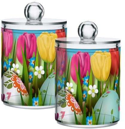 ISAOA Kosmetik-Organizer mit Osterei, Tulpen, Blumen, Kunststoff, Wattebausch und Tupfer, Halter mit Deckel, Badezimmer-Behälter, Aufbewahrung, Beauty-Make-up, Organizer, Aufbewahrung für Wattebälle,