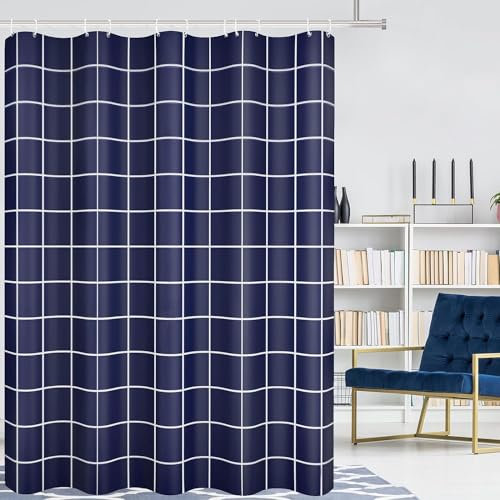 Luowenji Rideau de Douche 180x200 Carreaux Marine Rideau Douche Anti Moisissure Damier Rideaux Douche Imprimé 3D Tissu Lavable Polyester pour Baignoire Salle de Bain, avec Crochets A5877