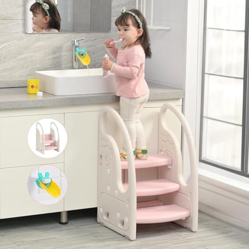 Growaystory Tritthocker für Kinder, Trittleiter Kinder mit 3 Stufen, Höhenverstellbar, Sicherer, Lernturm, Trittschemel, Tritt-Schemel Kinderschemel für Baby (Pink/Rosa)