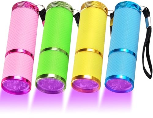 POCKETMAN Mini linternas, 9 linternas LED y linterna de mano de colores surtidos con 4 unidades, pequeñas linternas LED portátiles para camping, senderismo, al aire libre (luz UV)
