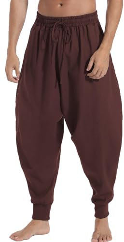 AITFINEISM Männer Haremshose Bequeme Elastische Taille Hosen Mode Einfarbig Casual Yoga Hippies Hosen (Braun 1,4XL)