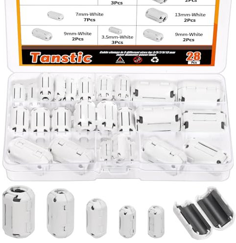 Tanstic 28Pcs White Clip-on Ferrite Ring Core RFI EMI Noise Suppressor Cable Clip for 3.5mm 5mm 7mm 9mm 13mm Diameter Cable