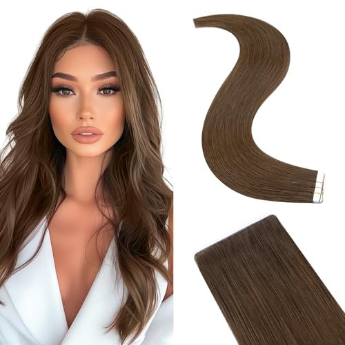Silk-co Echthaar Tape Extensions, 10 Stück à 20g, Unsichtbare Haarverlängerung, Schokoladenbraun, 30 cm, Tape-in Installation
