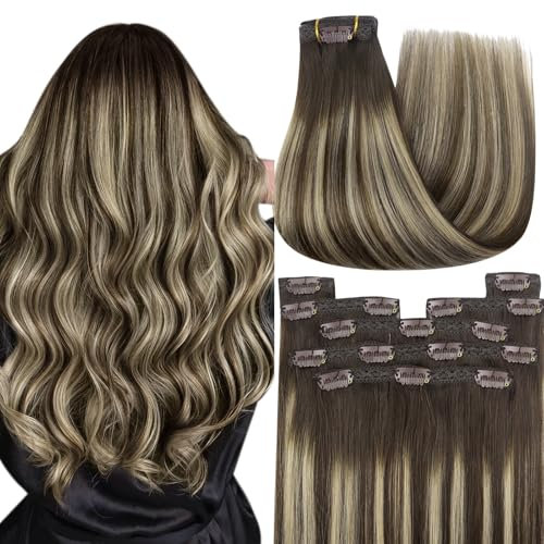 YoungSee 135g Clip in Extensions Echthaar Ombre 40 cm Echthaar Extensions Clip Dunkelbraun mit Aschblond Clip in Extensions Remy Haarextension Clips Extensions Clip in Dickes fur Damen #4/18/4