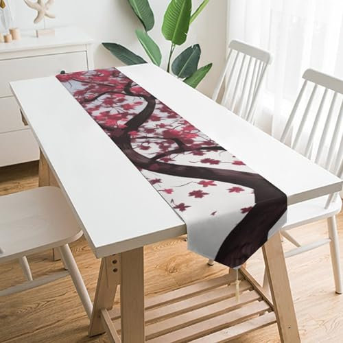Tischläufer Japanischer Kirschbaum, langer Tischläufer mit Quasten, waschbar, Bauernhaus-Tischläufer, 229 x 33 cm, Couchtischläufer, Esstischdekoration für Wohnzimmer