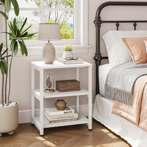 Dripex White Living Room End Table, 3-Tier Wooden Narrow Nightstand, Bedside Table with Steel Frame, Slim Coffee Table Small Spaces, Storage Sofa Side Table for Bedroom or Office