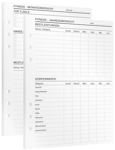 KOMPASS® Fitness-Planer| 25 DIN-A5-Einlagen für Ringbuchplaner | Trainingstagebuch | Monatsplaner | Jahresplaner Gym Tagebuch für Fitnessziele, Bestleistungen & Körperwerte & Ernährungstagebuch
