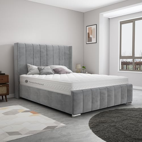 PioneerfurnitureUK Ottoman Storage Bed Gas Lift, Grey Plush Velvet Upholstered Bed Frame - 4ft6 double bed frame, grey ottoman bed king size ottoman bed frame