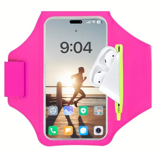 Yuexitech Brassard Telephone Sport, Brassard De Sport avec Airpods Clé De Voiture Poche Zippée pour Iphone 15 14 13 12 Pro Max XR XS X 8 7, Porte Telephone Course A Pied 6.8 pour Jogging (Rose)