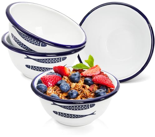 Peohud Set of 4 Enamel Bowls, 16 Oz Classic Round Small Cereal Bowl with Blue Rim, Vintage Enamelware for Salad, Soup, Fruit, Oatme,Camping Enamel Bowl, 14CM
