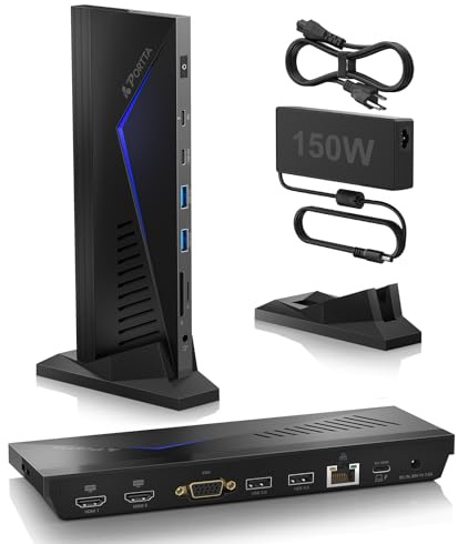 PORTTA 14 in 1 Docking Station Dual Monitor Up to 4K 30 with 150W Power Adapter, HDMI x2, USB x6, VGA, RJ45, SD/TF, 100W PD, Audio/Microphone, Compatible with macOS/Windows SST
