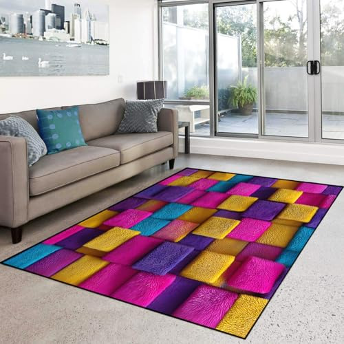 HOSIMA Teppich, Geometrischer Druck, Rutschfeste Bodenmatte, Modern, 120x160 cm, Bunter Karo-b, Polyester, Maschinenwäsche, Indoor