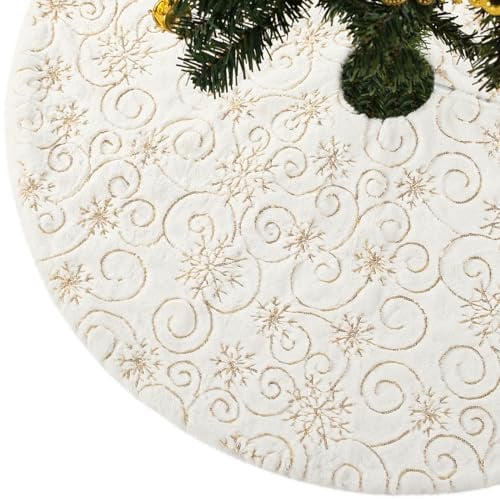 CITÉTOILE Jupe de Sapin de Noël en Fausse Fourrure Argenté avec Paillettes Flocons de Neige Cache-Pied Décoratif Rond pour Arbre de Noël Tapis de Décoration Festif Neige, Doré, S