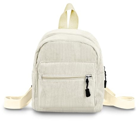 FuninCrea Cord Rucksack Damen Klein, Süß Mini Rucksack Damen mit 2 Reißverschlusstaschen, Rucksack Klein für Frauen und Mädchen Leicht Damen Rucksäcke Klein mit Verstellbarem Gurt für Reisen (Weiß)