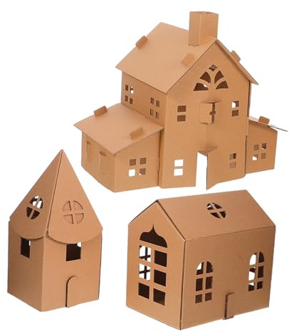 FIXOSHEE 3 Stück Teiliges Kartonhaus DIY Bastelset für Stabiles Wellpapp-modellhaus zum Bemalen und Zusammenbauen Kreatives Miniatur-spielhaus für Familienaktivitäten Fördert Fantasie und